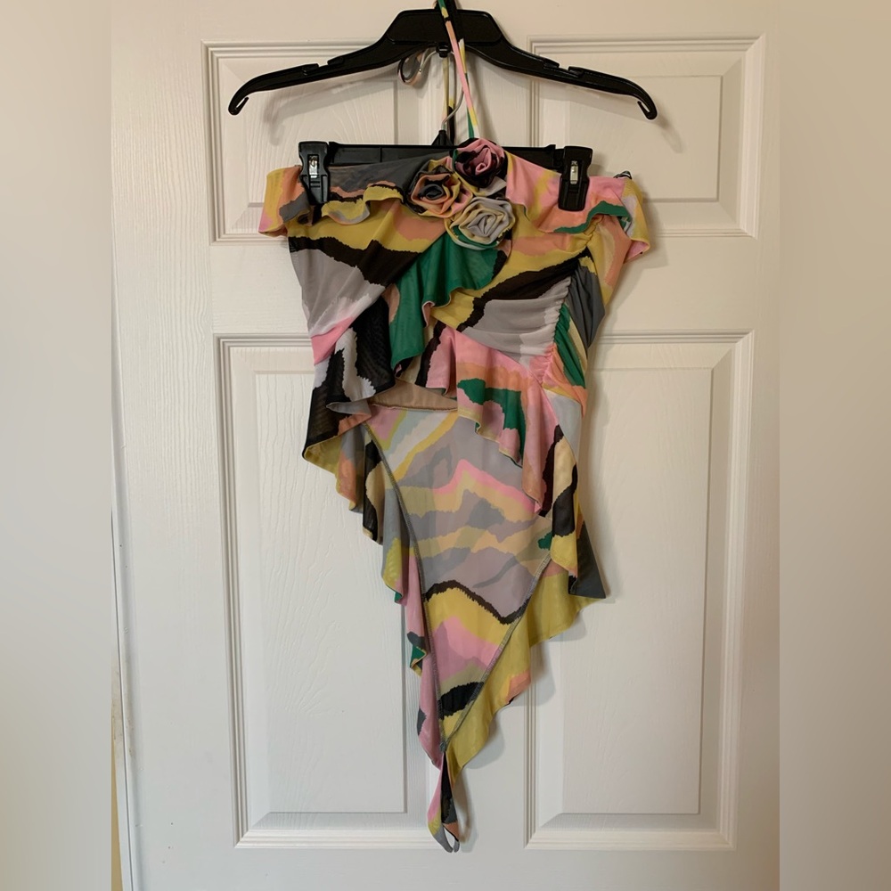 NWT AFRM Soft Linear Mesh Ruffle Abstract Asymmetrical Halter Crop Top Y2K Artsy